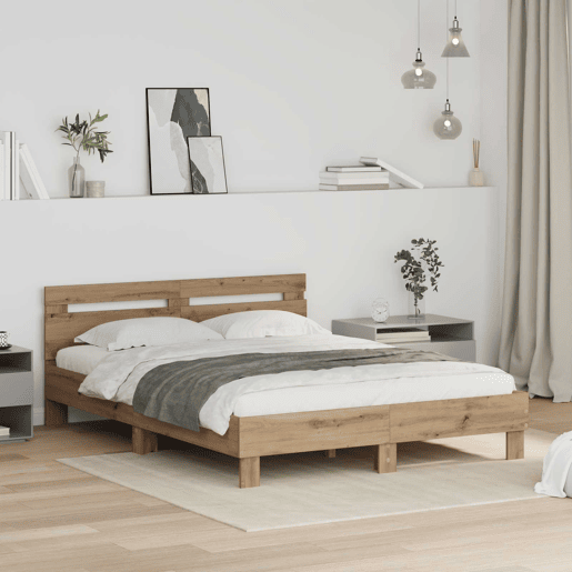 Estrutura de cama de casal moderno com cabeceira - Carvalho Artesanal 140 x 200 cm