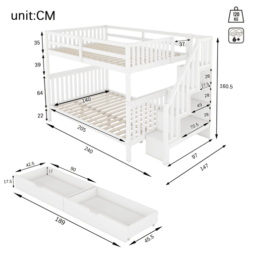 Litera 140x200 cm - Estante em escada, com duas gavetas, grades altas, certificação EN747-1 - Branco