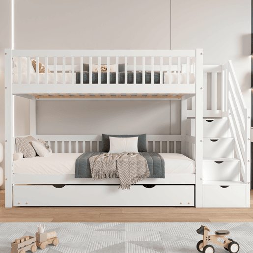 Beliche 90x200 cm com cama de rodízio 90x190 cm - madeira de pinho - com escada de arrumação e gradeamento - Branco
