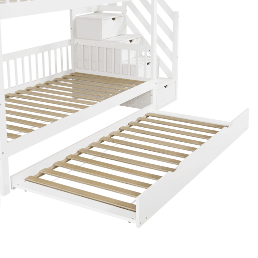 Beliche 90x200 cm com cama de rodízio 90x190 cm - madeira de pinho - com escada de arrumação e gradeamento - Branco