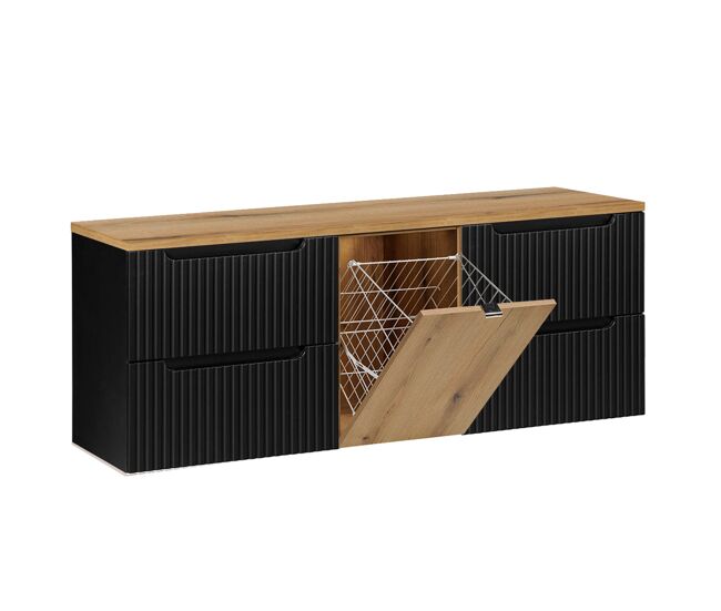 Mueble bajo lavabo riva negro y madera 160cm con cesto para ropa sucia
