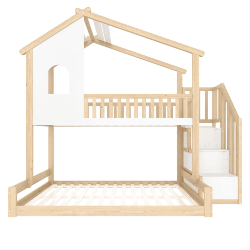 Litera 90x200cm+140x200cm - com barreira de cama, escada com arrumação, janela e design de casinha - natural e branco