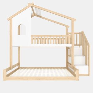 Litera 90x200cm+140x200cm - com barreira de cama, escada com arrumação, janela e design de casinha - natural e branco