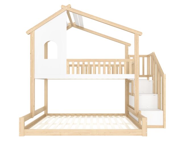 Litera 90x200cm+140x200cm - con barrera de cama, escalera con almacenaje, ventana y diseño de casita - natural y blanco