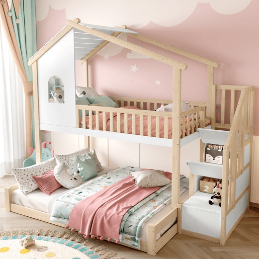 Litera 90x200cm+140x200cm - com barreira de cama, escada com arrumação, janela e design de casinha - natural e branco