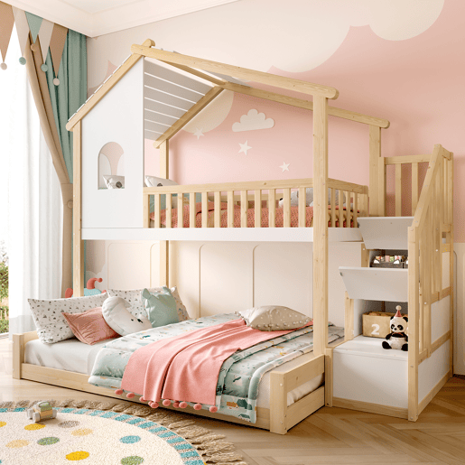Litera 90x200cm+140x200cm - com barreira de cama, escada com arrumação, janela e design de casinha - natural e branco