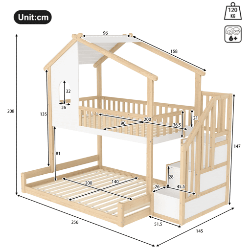 Litera 90x200cm+140x200cm - com barreira de cama, escada com arrumação, janela e design de casinha - natural e branco