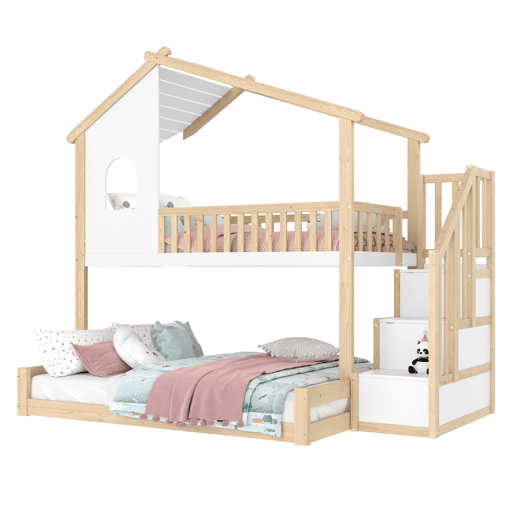 Litera 90x200cm+140x200cm - com barreira de cama, escada com arrumação, janela e design de casinha - natural e branco