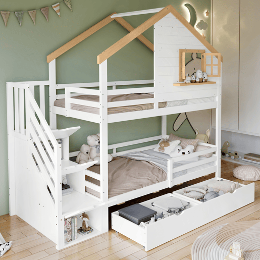 Beliche infantil 90x200 - Casinha com janela, escadas com arrumação, espaço debaixo do colchão - Branco+Natural