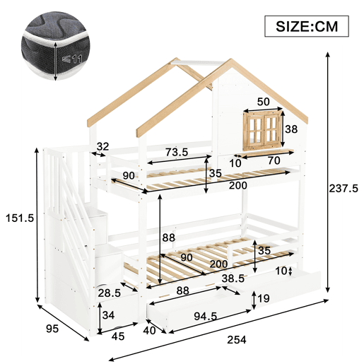 Beliche infantil 90x200 - Casinha com janela, escadas com arrumação, espaço debaixo do colchão - Branco+Natural