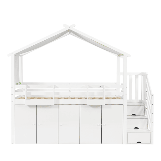 Beliche 90x200 cm - madeira maciça - com 1 roupeiro, 2 cacifos e escada de arrumação - Branco