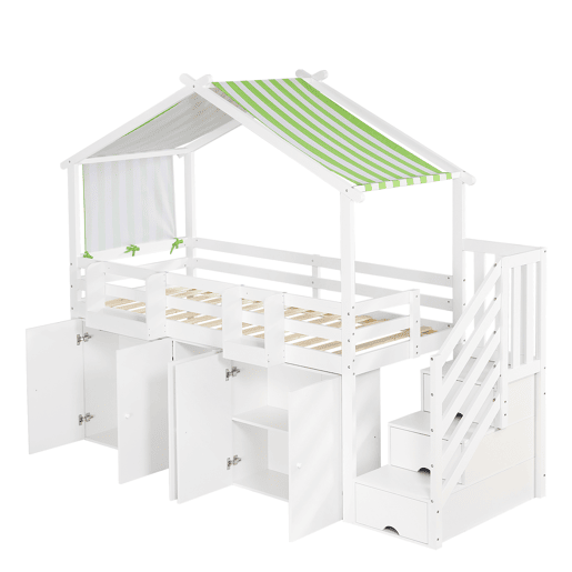 Beliche 90x200 cm - madeira maciça - com 1 roupeiro, 2 cacifos e escada de arrumação - Branco