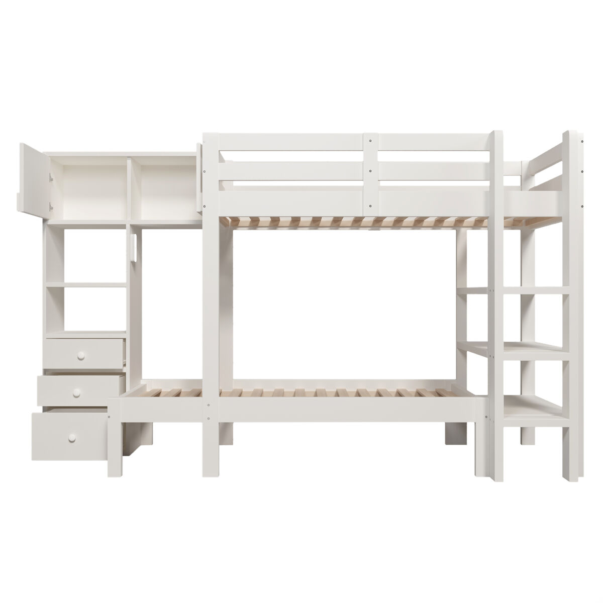 Cama literas 90x200 cm - luz nocturna inteligente, diseño escalonado, con armario y estantería - blanco