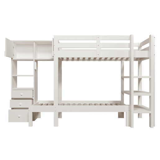 Cama beliche 90x200 cm - Luz noturna inteligente, design escalonado, com armário e estante - Branco