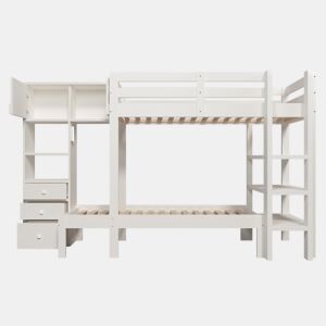 Cama beliche 90x200 cm - Luz noturna inteligente, design escalonado, com armário e estante - Branco