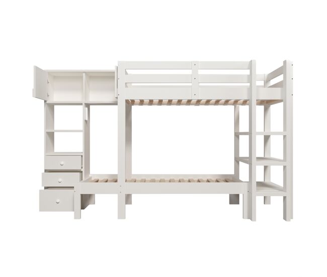 Cama literas 90x200 cm - luz nocturna inteligente, diseño escalonado, con armario y estantería - blanco