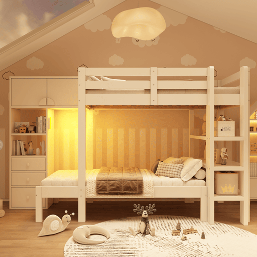 Cama beliche 90x200 cm - Luz noturna inteligente, design escalonado, com armário e estante - Branco