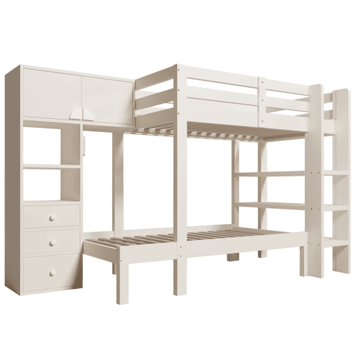 Cama beliche 90x200 cm - Luz noturna inteligente, design escalonado, com armário e estante - Branco