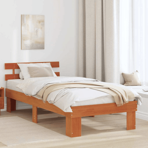 Estrutura de cama de solteiro para adultos com Cabeceira - Marrom Cera 100 x 200 cm