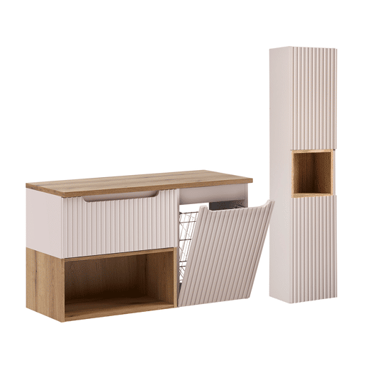 Conjunto móvel lavatório 100cm cesto roupa coluna Riva Caxemira madeira