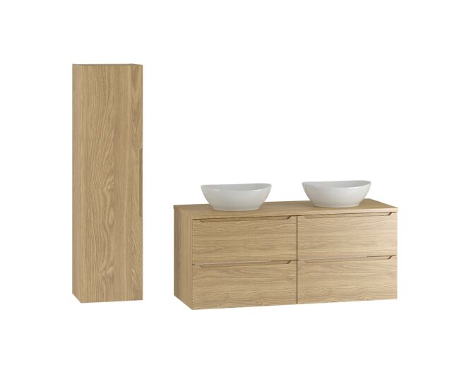 Conjunto mueble lavabo doble 120cm y columna viggo madera