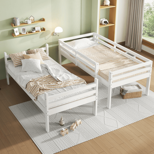Beliche infantil 90x200 - cama juvenil com escada angular de 3 degraus e barreira de segurança, divisível em 2 camas individuais - branco