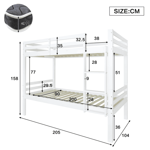 Beliche infantil 90x200 - cama juvenil com escada angular de 3 degraus e barreira de segurança, divisível em 2 camas individuais - branco