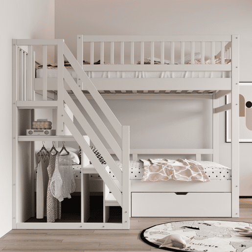Cama beliche 90*200 cm - Com barreira de segurança alta, com estrado, escada de segurança com arrumação, com gavetas de arrumação - Branco