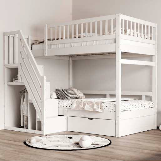 Cama beliche 90*200 cm - Com barreira de segurança alta, com estrado, escada de segurança com arrumação, com gavetas de arrumação - Branco