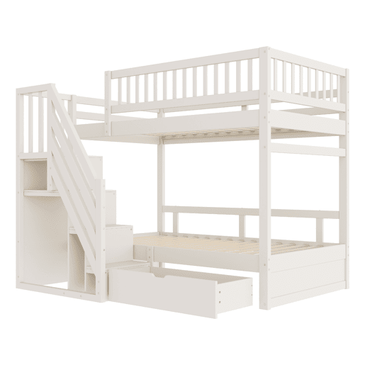 Cama beliche 90*200 cm - Com barreira de segurança alta, com estrado, escada de segurança com arrumação, com gavetas de arrumação - Branco