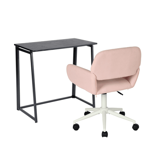 Conjunto De Secretária Dobrável Preta E Cadeira De Escritório Rosa Em Veludo Com Altura Ajustável E Rotação 360 Graus, Design Moderno E Compacto Para Teletrabalho Ou Estudo Em Espaços Pequenos