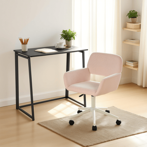 Conjunto De Secretária Dobrável Preta E Cadeira De Escritório Rosa Em Veludo Com Altura Ajustável E Rotação 360 Graus, Design Moderno E Compacto Para Teletrabalho Ou Estudo Em Espaços Pequenos