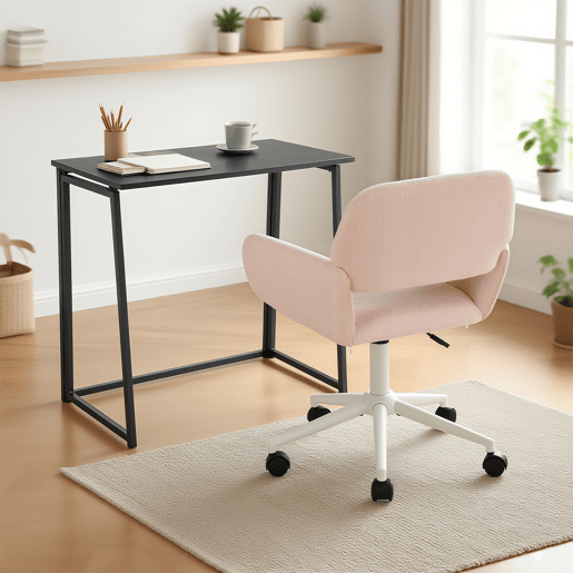 Conjunto De Secretária Dobrável Preta E Cadeira De Escritório Rosa Em Veludo Com Altura Ajustável E Rotação 360 Graus, Design Moderno E Compacto Para Teletrabalho Ou Estudo Em Espaços Pequenos