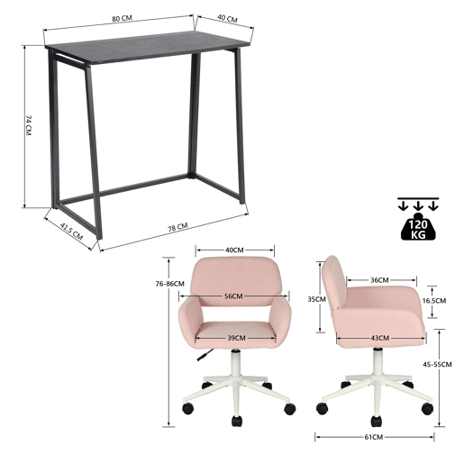 Conjunto De Secretária Dobrável Preta E Cadeira De Escritório Rosa Em Veludo Com Altura Ajustável E Rotação 360 Graus, Design Moderno E Compacto Para Teletrabalho Ou Estudo Em Espaços Pequenos