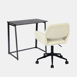 Conjunto De Secretária Dobrável Preta E Cadeira De Escritório Bege Em Veludo Com Altura Ajustável E Rotação 360 Graus, Design Moderno E Compacto Para Teletrabalho Ou Estudo Em Espaços Pequenos