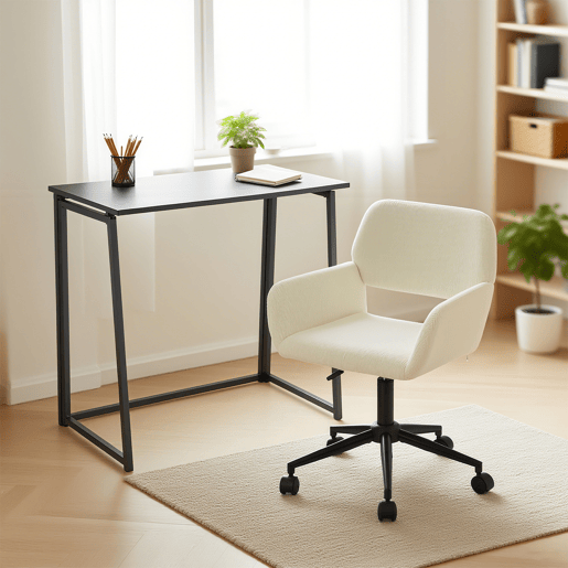 Conjunto De Secretária Dobrável Preta E Cadeira De Escritório Bege Em Veludo Com Altura Ajustável E Rotação 360 Graus, Design Moderno E Compacto Para Teletrabalho Ou Estudo Em Espaços Pequenos