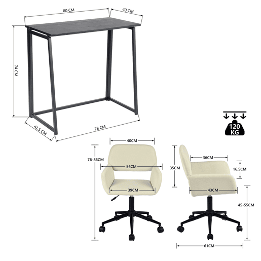 Conjunto De Secretária Dobrável Preta E Cadeira De Escritório Bege Em Veludo Com Altura Ajustável E Rotação 360 Graus, Design Moderno E Compacto Para Teletrabalho Ou Estudo Em Espaços Pequenos