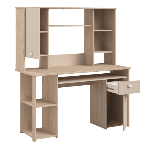 Mesa de computador Anello Jackson em carvalho e cashmere com mezanino e estante, 138x148x59 cm