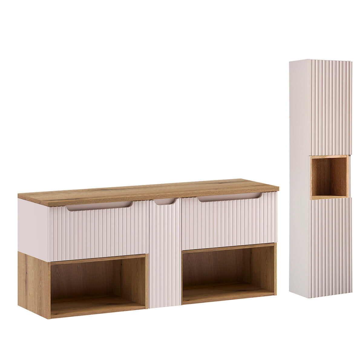Conjunto de lavabo y columna riva cashmere y madera 140cm