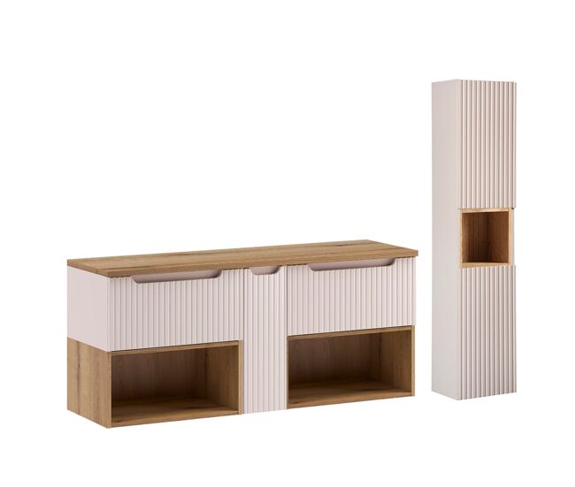 Conjunto de lavabo y columna riva cashmere y madera 140cm