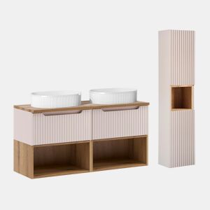 Lavatório duplo 120cm e pedestal Riva Caxemira e Madeira