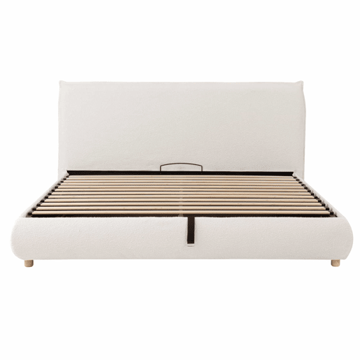 Cama estofada 180x200 cm - cama de casal com sistema hidráulico, base de colchão, cabeceira acolchoada, amplo espaço de arrumação, pés em madeira maciça - branco bouclé