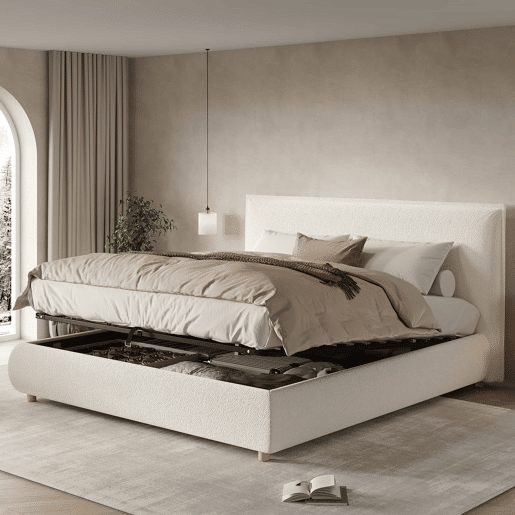 Cama estofada 180x200 cm - cama de casal com sistema hidráulico, base de colchão, cabeceira acolchoada, amplo espaço de arrumação, pés em madeira maciça - branco bouclé
