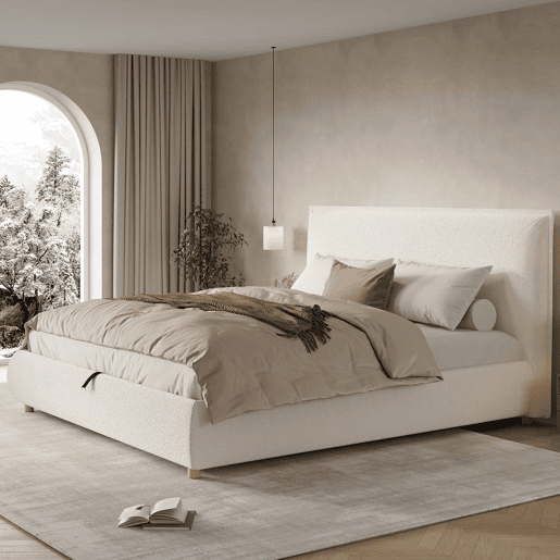Cama estofada 180x200 cm - cama de casal com sistema hidráulico, base de colchão, cabeceira acolchoada, amplo espaço de arrumação, pés em madeira maciça - branco bouclé