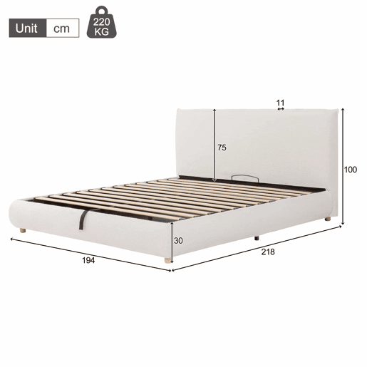 Cama estofada 180x200 cm - cama de casal com sistema hidráulico, base de colchão, cabeceira acolchoada, amplo espaço de arrumação, pés em madeira maciça - branco bouclé
