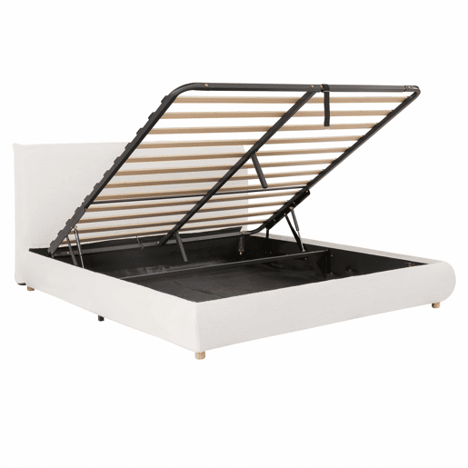 Cama estofada 180x200 cm - cama de casal com sistema hidráulico, base de colchão, cabeceira acolchoada, amplo espaço de arrumação, pés em madeira maciça - branco bouclé