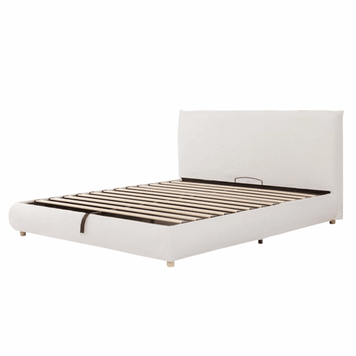 Cama estofada 180x200 cm - cama de casal com sistema hidráulico, base de colchão, cabeceira acolchoada, amplo espaço de arrumação, pés em madeira maciça - branco bouclé