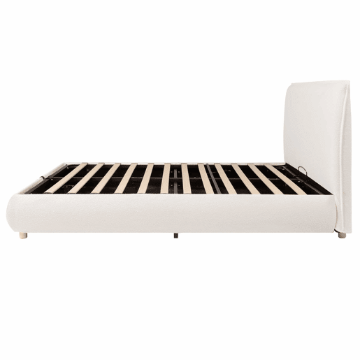 Cama estofada 180x200 cm - cama de casal com sistema hidráulico, base de colchão, cabeceira acolchoada, amplo espaço de arrumação, pés em madeira maciça - branco bouclé