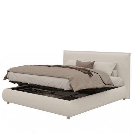 Cama estofada 180x200 cm - cama de casal com sistema hidráulico, base de colchão, cabeceira acolchoada, amplo espaço de arrumação, pés em madeira maciça - branco bouclé