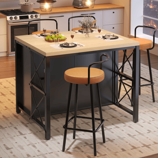 Conjunto de mesa alta de bar com bancos para 4 pessoas - ilha de cozinha com faixa de LED, bancada para cozinha, sala de estar e sala de jantar - preto
